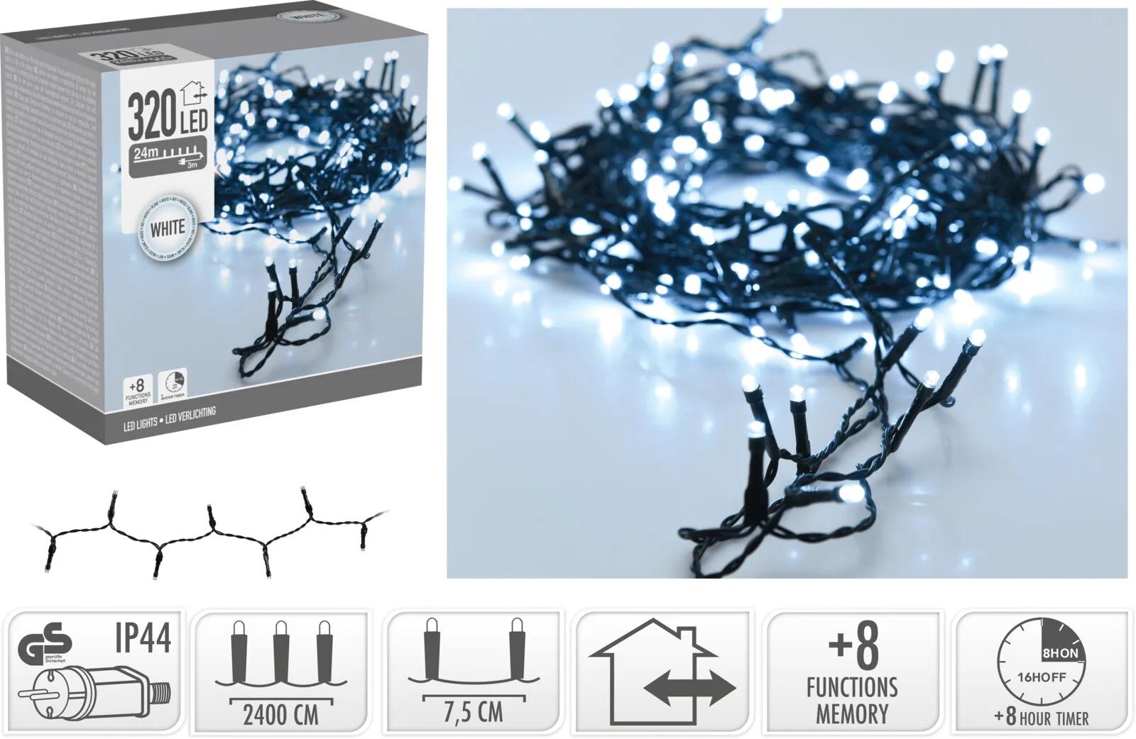 LAMPKI CHOINKOWE 320 LED ZIMNA BIEL – 24 METRY (TIMER + 8 FUNKCJI)