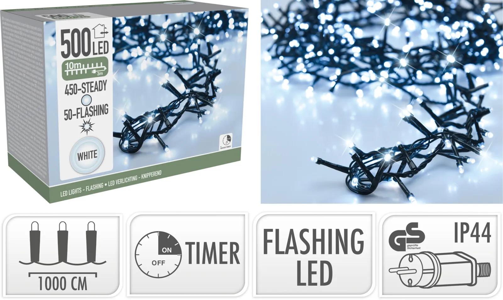 LAMPKI CHOINKOWE ŁAŃCUCH ŚWIETLNY GĘSTY 500 LED FLASH BIAŁE 10m