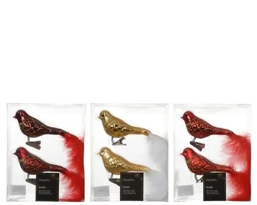 Szklane Ptaszki na Klipsie z Piórami Decoris – Komplet 2 szt. (Zawieszki Premium)