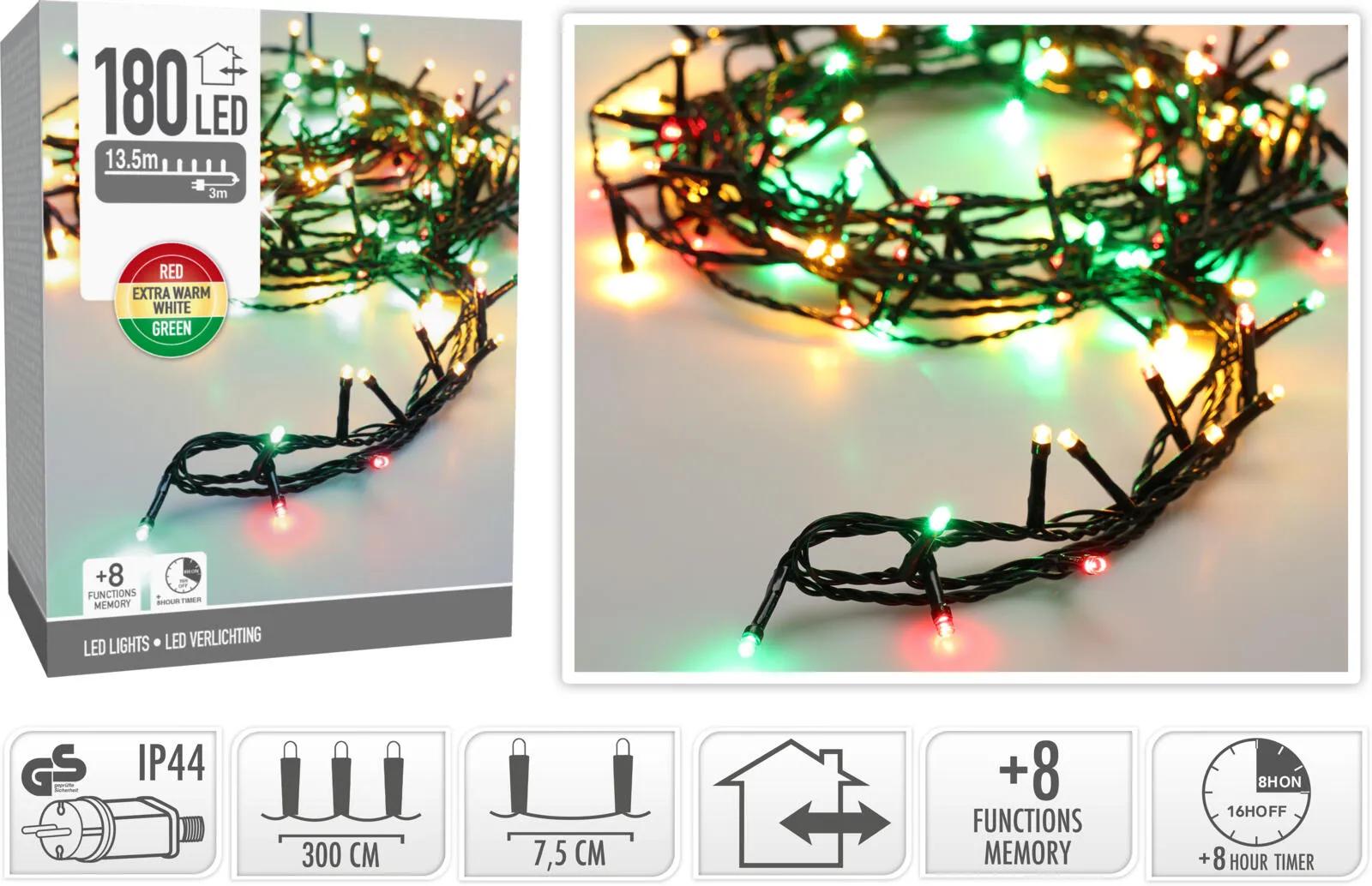 Lampki Choinkowe 180 LED – Długi Łańcuch Świetlny 3-Kolorowy