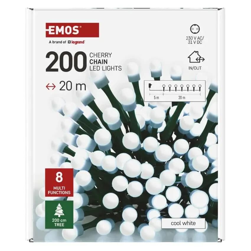 Lampki Choinkowe Kulki EMOS Cherry 200 LED – 20m, Zimna Biel (Multifunkcja)
