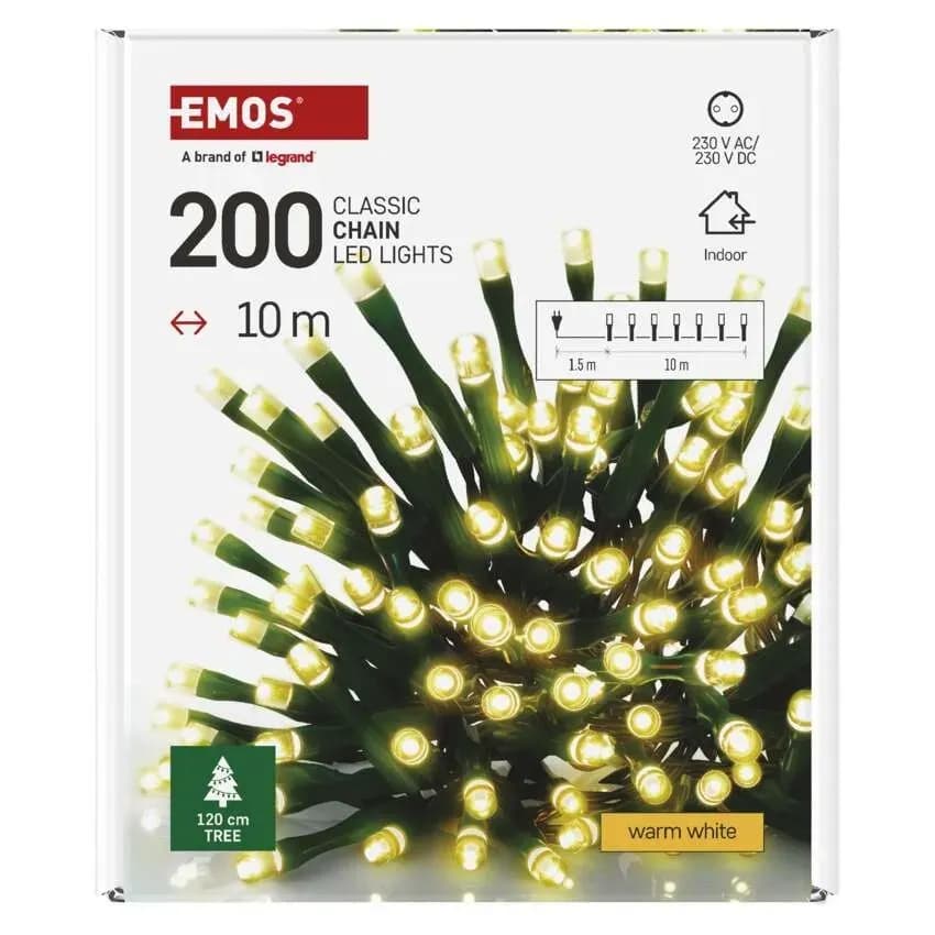 EMOS Łańcuch Choinkowy CLASSIC 200 LED 10m (Ciepła Biel) – Do Wnętrz