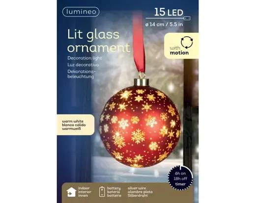ŚWIĘCĄCA SZKLANA BOMBKA LED Z RUCHEM I TIMEREM LUMINEO – 14 cm, CZERWONA