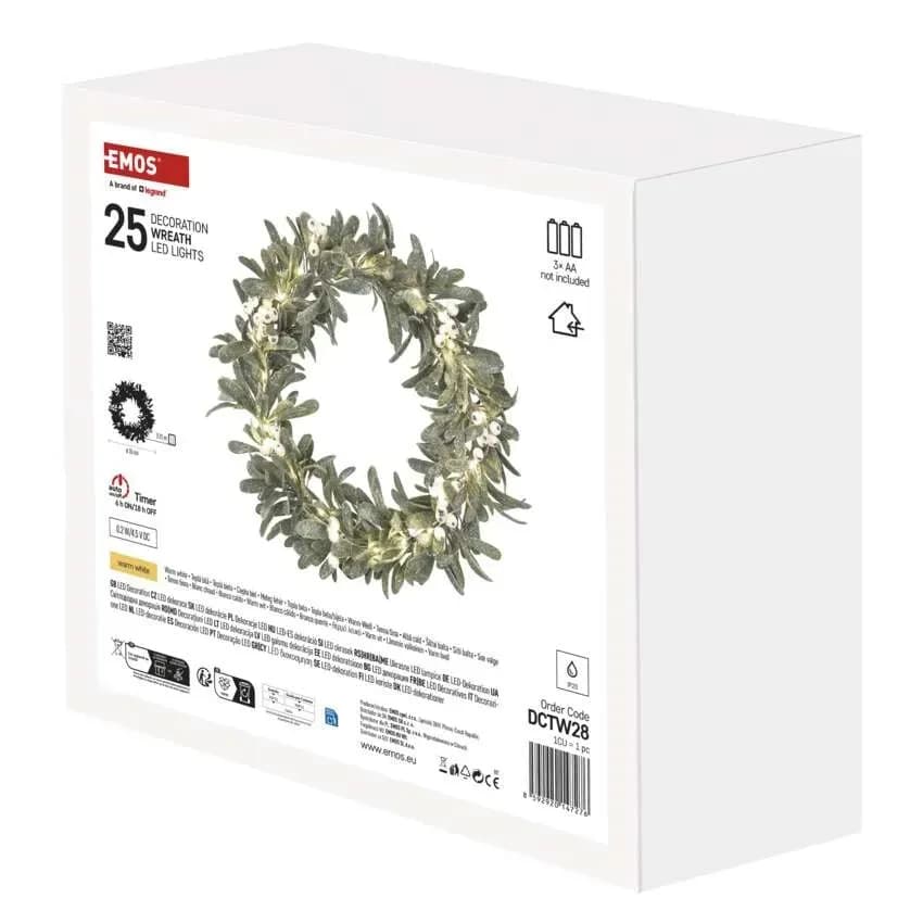 Świąteczny Wianek Bożonarodzeniowy EMOS Jemioła – 35 cm, 25 LED, Ciepła Biel (z Timerem)