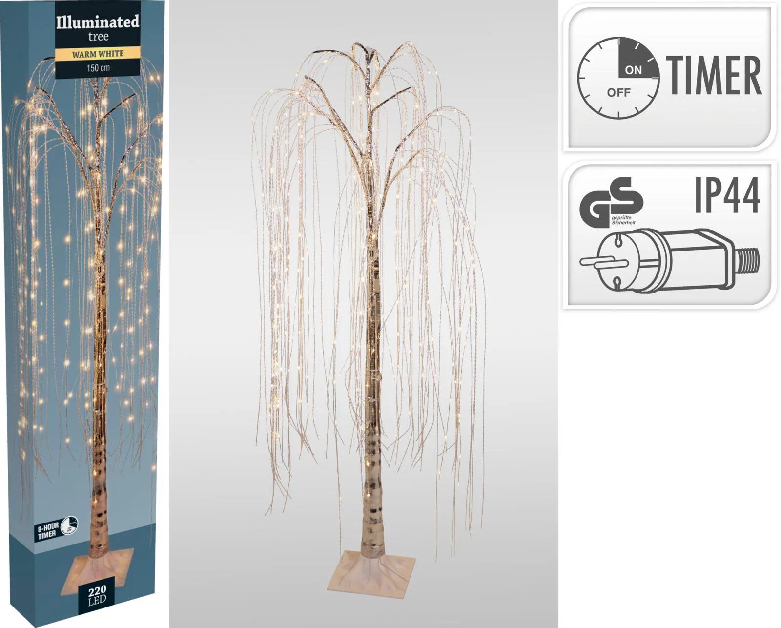 WIERZBA PŁACZĄCA LED 150 cm – ŚWIETLNE DRZEWKO OGRODOWE Z TIMEREM SREBRNE