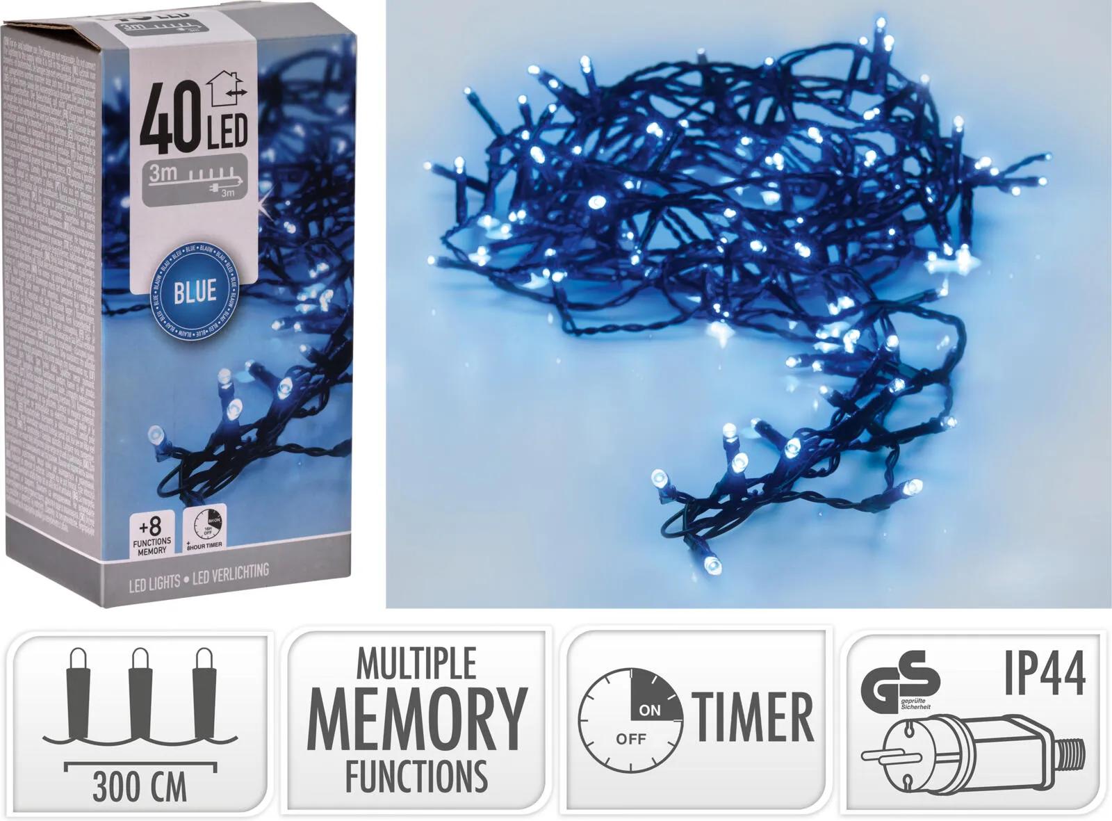 Niebieskie Lampki Choinkowe 40 LED – Łańcuch Świetlny 5.9m z Timerem i Programatorem, IP44 Zewnętrzne i Domowe