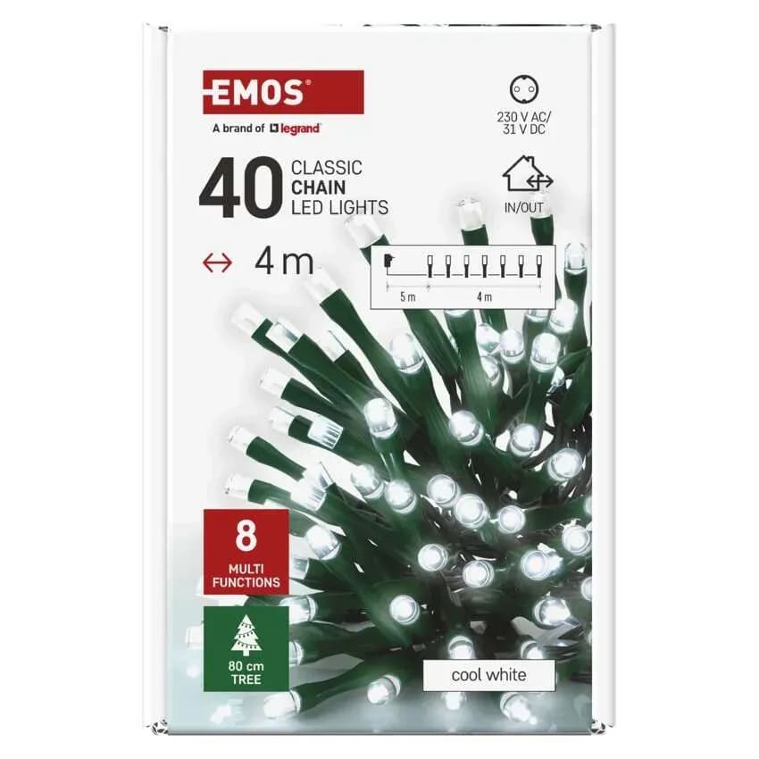 Lampki Choinkowe Świąteczne EMOS Classic 40 LED – 4m, Zimna Biel (Multifunkcja)