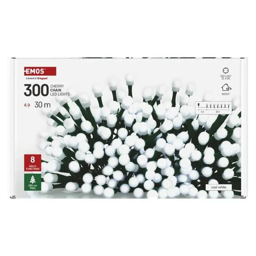 Lampki Choinkowe Kulki EMOS Cherry 300 LED – 30m, Zimna Biel (Multifunkcja)