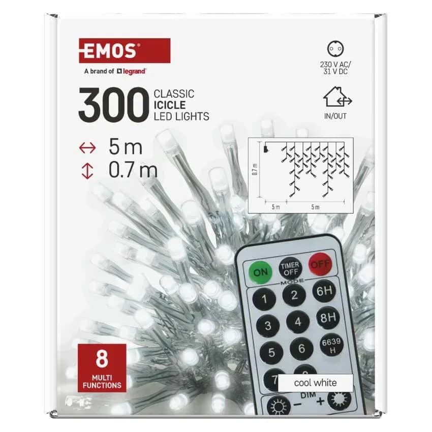 EMOS Oświetlenie Świąteczne Sople Kurtyna 300 LED 5m (Zimna Biel) – Pilot + 8 Funkcji + Ściemniacz