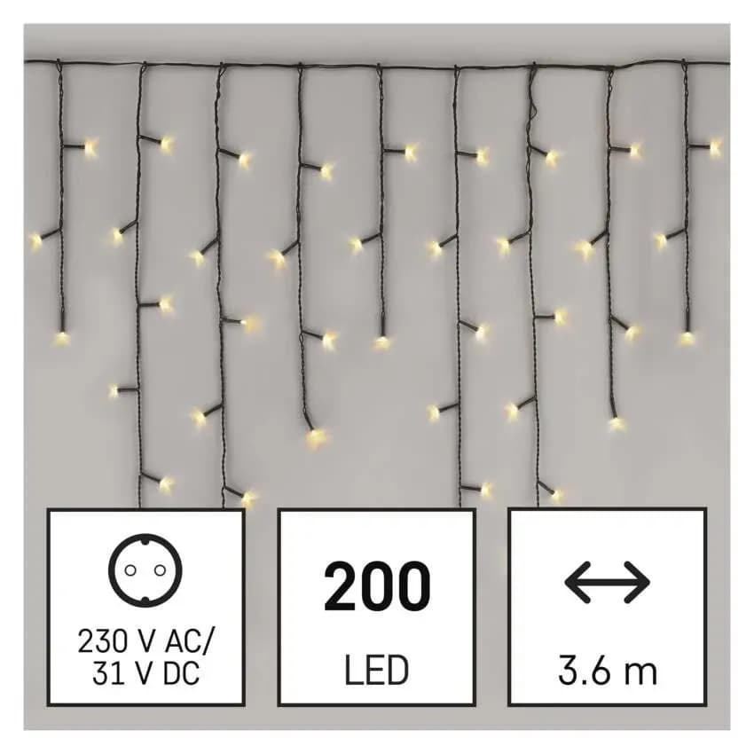 EMOS Oświetlenie Świąteczne Sople Kurtyna 200 LED 3,6m (Ciepła Biel) – 8 Funkcji