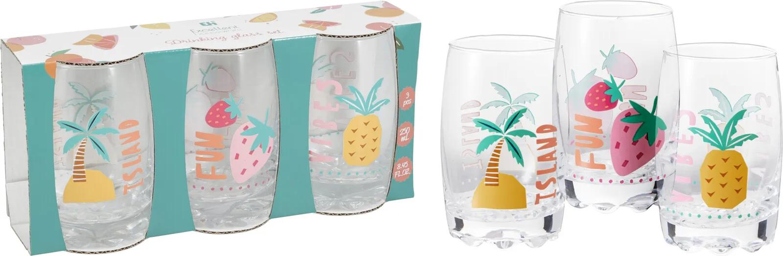 KOMPLET SZKLANEK DO PICIA – ZESTAW 3 SZTUK (250 ml) | OWCOWE I LETNIE MOTYWY