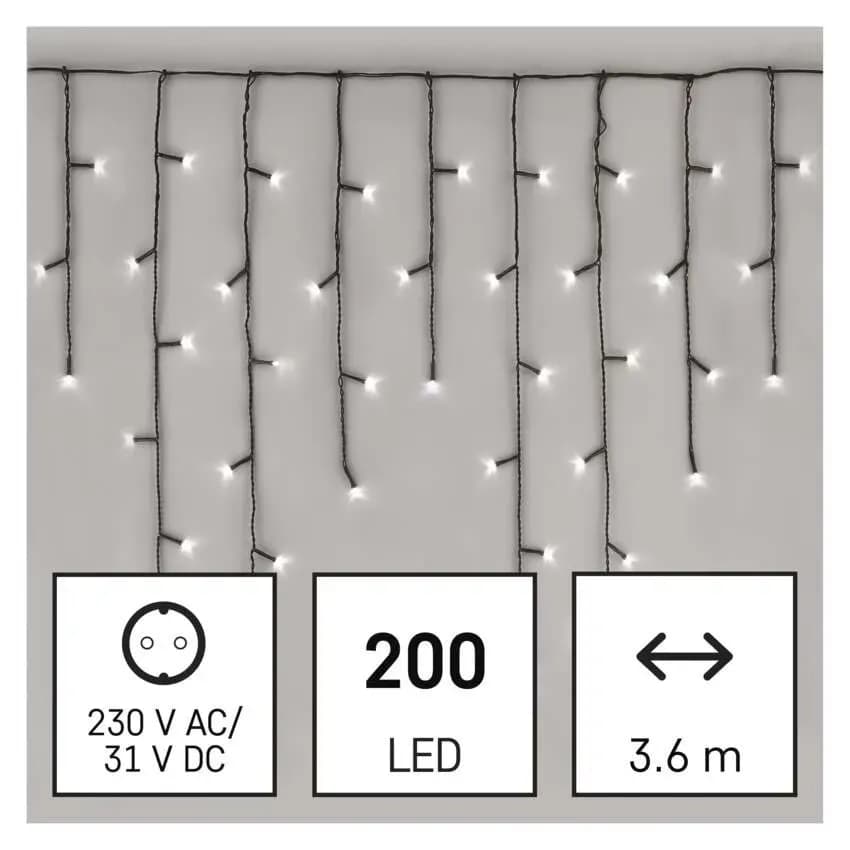 EMOS Oświetlenie Świąteczne Sople Kurtyna 200 LED 3,6m (Zimna Biel) – 8 Funkcji