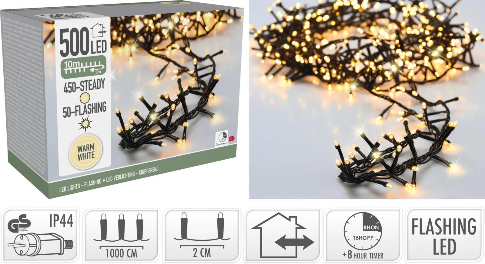 LAMPKI ŚWIATEŁKA CHOINKOWE 500 LED – CIEPŁA BIEL Z FLASHEM I TIMEREM
