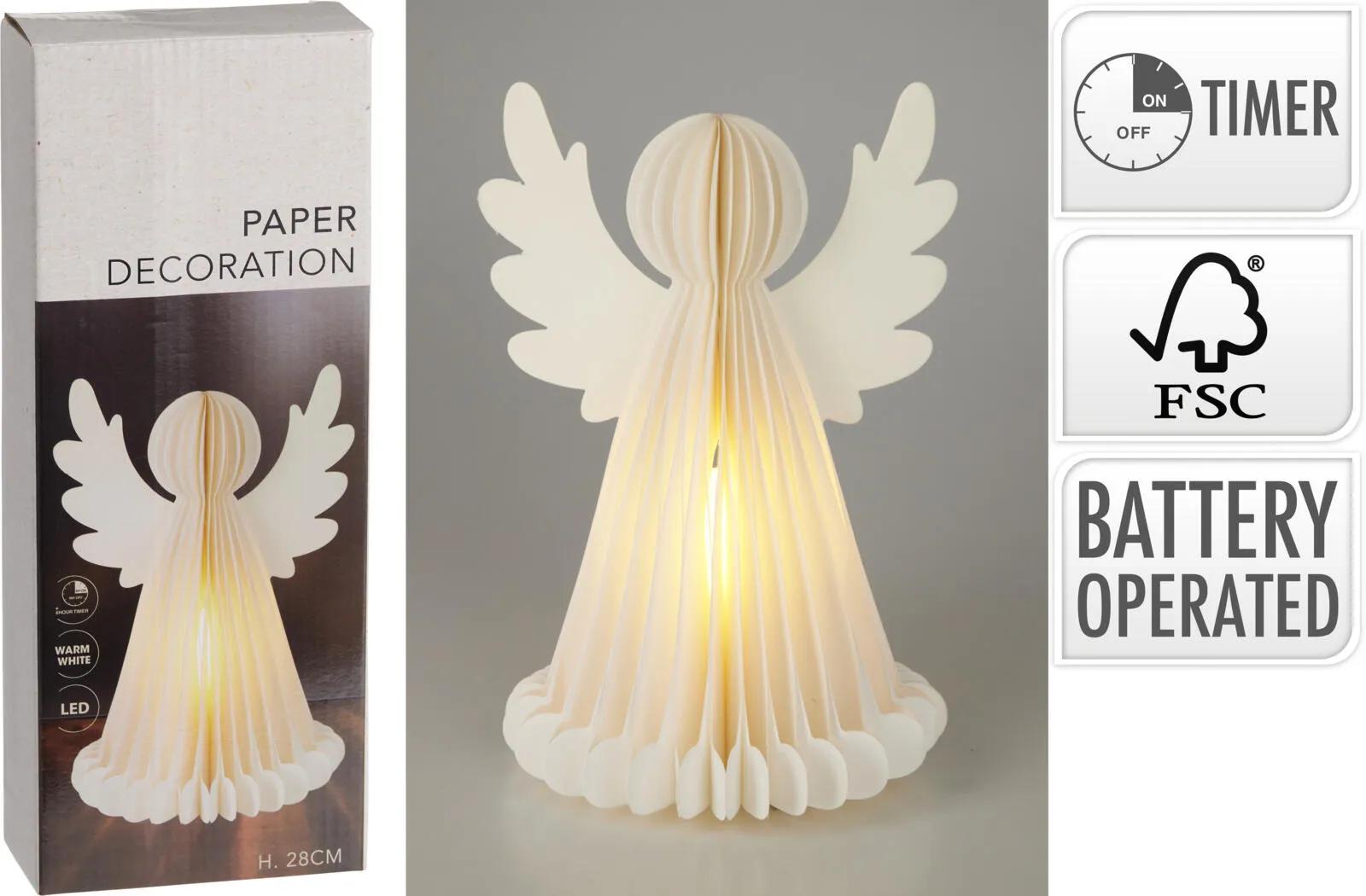 PAPIEROWY ANIOŁ HONEYCOMB LED 28 cm – ŚWIĄTECZNA FIGURKA Z TIMEREM BIAŁA