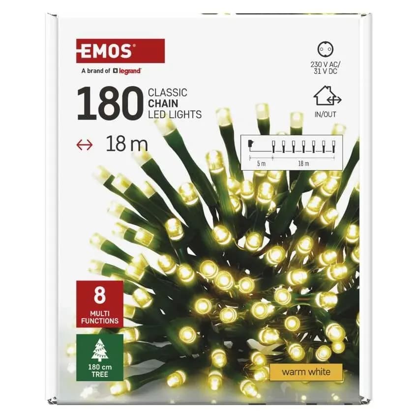 Lampki Choinkowe Świąteczne EMOS Classic 180 LED – 18m, Ciepła Biel (Multifunkcja)