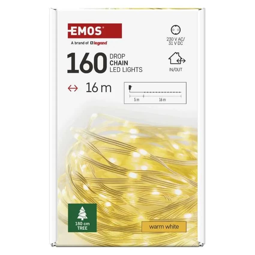 Lampki Choinkowe Druciki EMOS Drop Łezki 160 LED – 16m, Ciepła Biel (z Timerem)