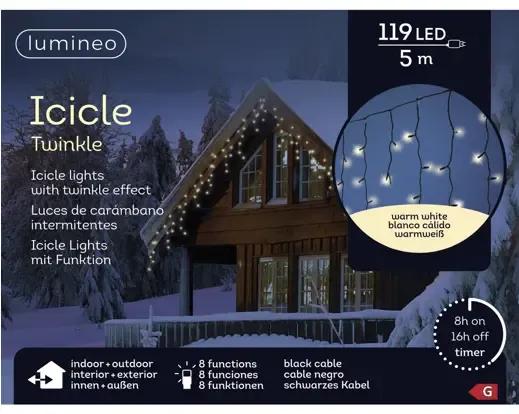 Kurtyna Świetlna Sople 119 LED 5m – Ciepła Biel (Twinkle) / Czarny Przewód