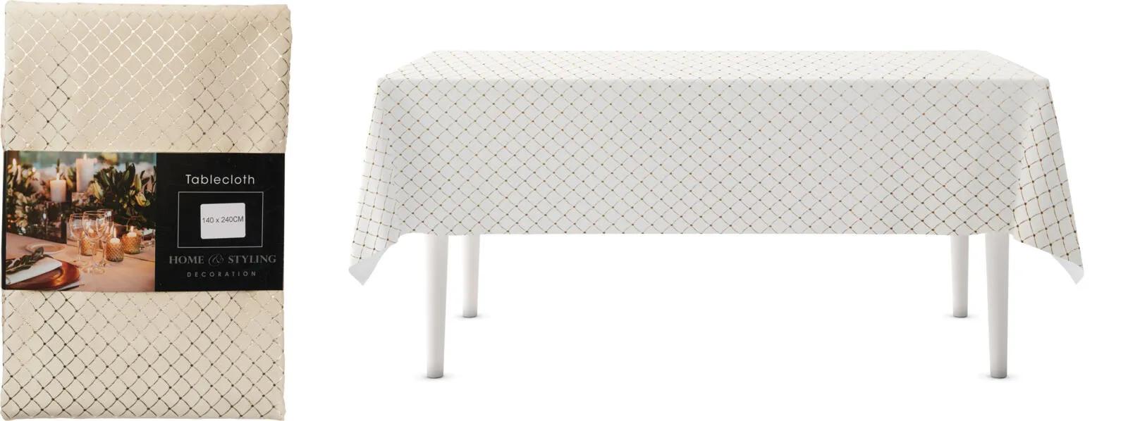AKSAMITNY OBRUS WELUROWY 140x240 cm – KREMOWY ZE ZŁOTYM NADRUKIEM