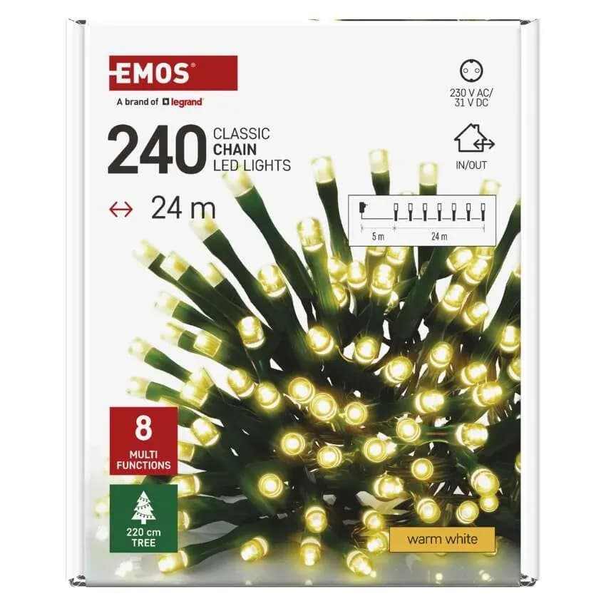 EMOS Łańcuch Choinkowy CLASSIC 240 LED 24m (Ciepła Biel) – 8 Funkcji