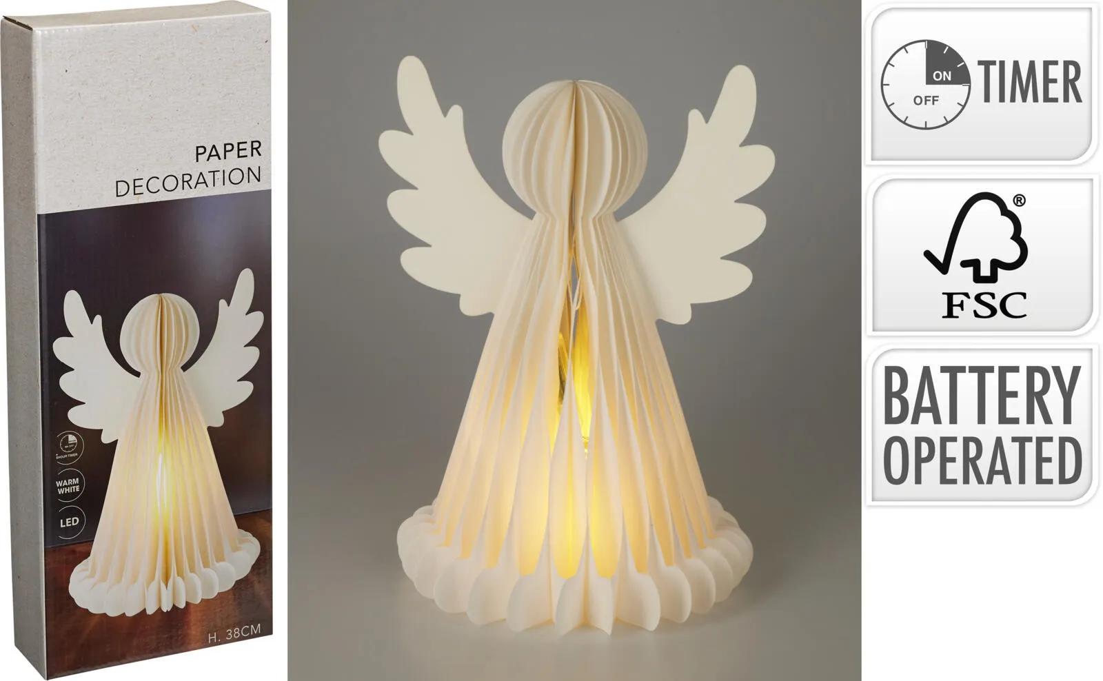 PAPIEROWY ANIOŁ HONEYCOMB LED 38 cm – ŚWIĄTECZNY ANIOŁEK Z TIMEREM BIAŁY