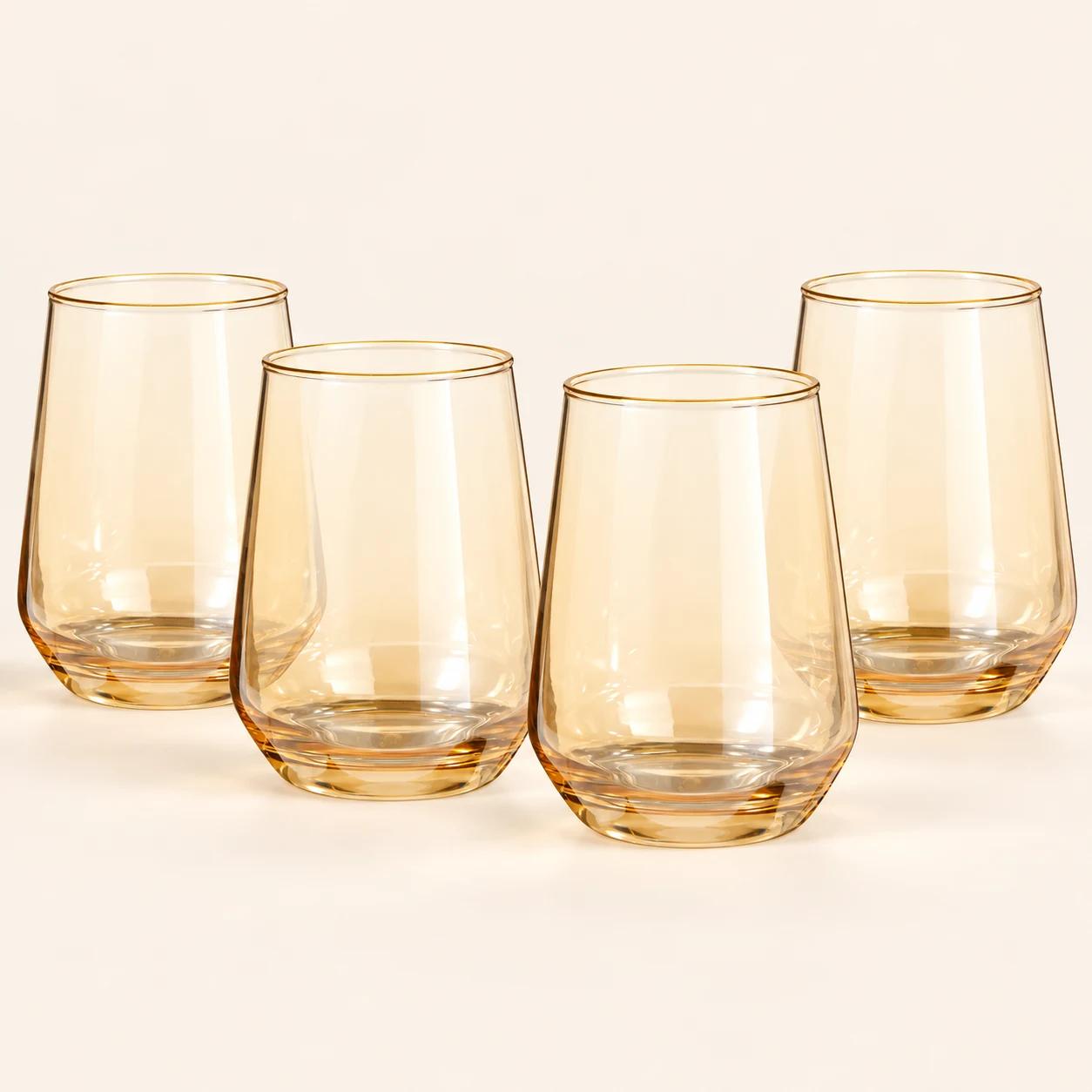 ELEGANCKI ZESTAW SZKLANEK BURSZTYNOWYCH ZE ZŁOTYM RANTEM – ATMOSFERA (4 SZTUKI, 400 ml)