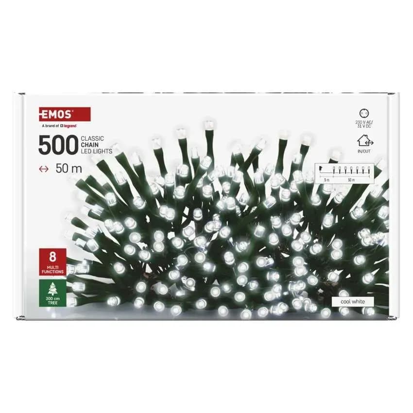 EMOS Łańcuch Choinkowy CLASSIC 500 LED 50m (Zimna Biel) – 8 Funkcji