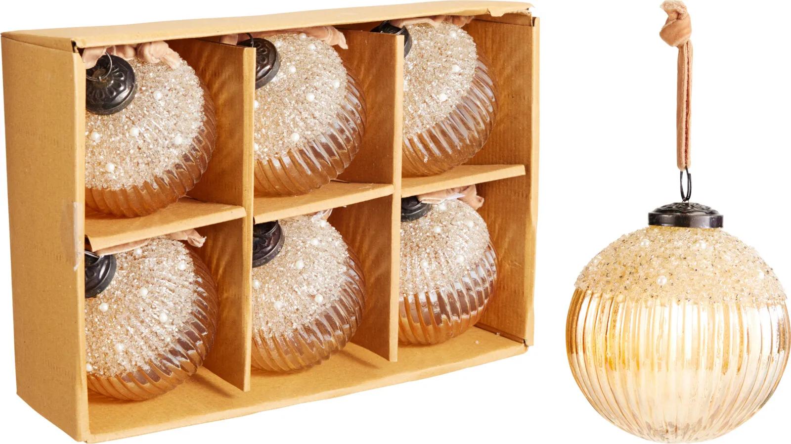 LUKSUSOWA SZKLANA BOMBKA CHOINKOWA GLAMOUR – BŁYSZCZĄCE ZŁOTO I PEREŁKI (10 cm)