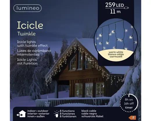 Kurtyna Sople Lumineo Icicle Twinkle 259 LED 11m Ciepły Biały Czarny Kabel Timer IP44
