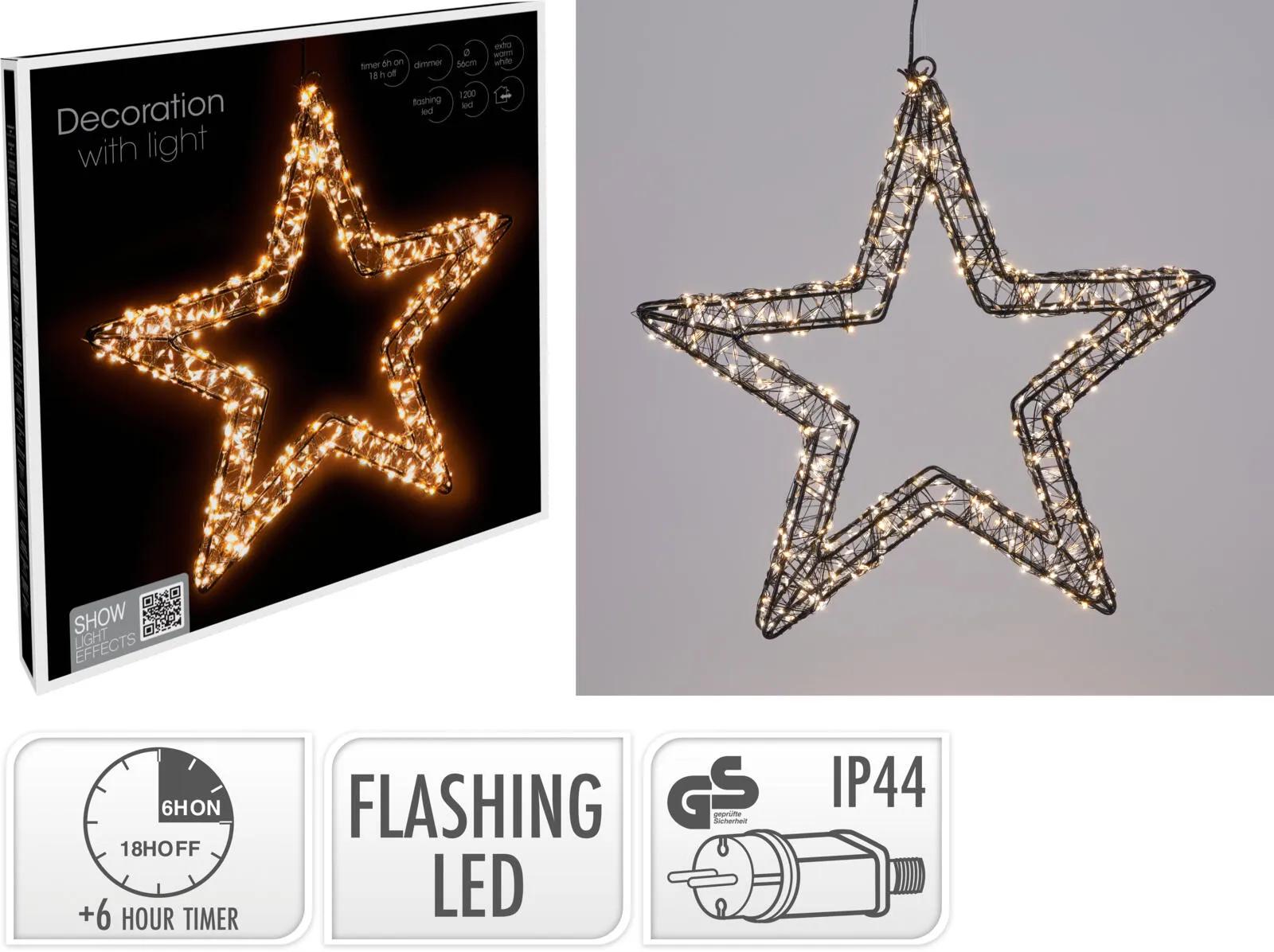 Gwiazda Metalowa Wisząca 1200 LED 56cm – Świecąca Ozdoba Świąteczna Zewnętrzna i Wewnętrzna IP44 z Flashem i Timerem