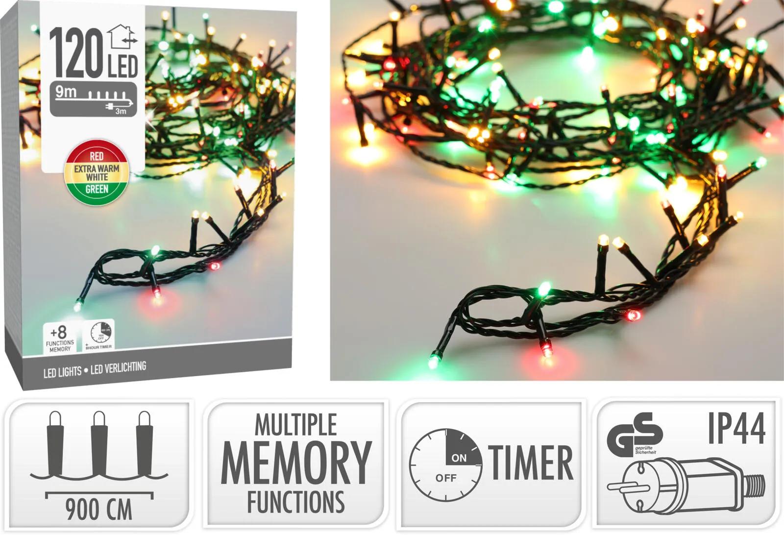 Lampki Choinkowe 120 LED – Świąteczny Łańcuch 3-Kolorowy (Czerwony, Ciepła Biel, Zielony) 11.9m z Timerem