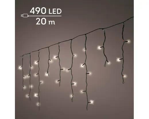 Profesjonalna Kurtyna Świetlna Sople 490 LED 20m 8 funkcji – Ciepła Biel (Twinkle) / Czarny Przewód