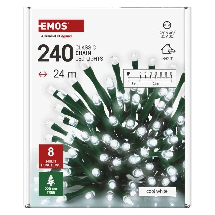 EMOS Łańcuch Choinkowy CLASSIC 240 LED 24m (Zimna Biel) – 8 Funkcji
