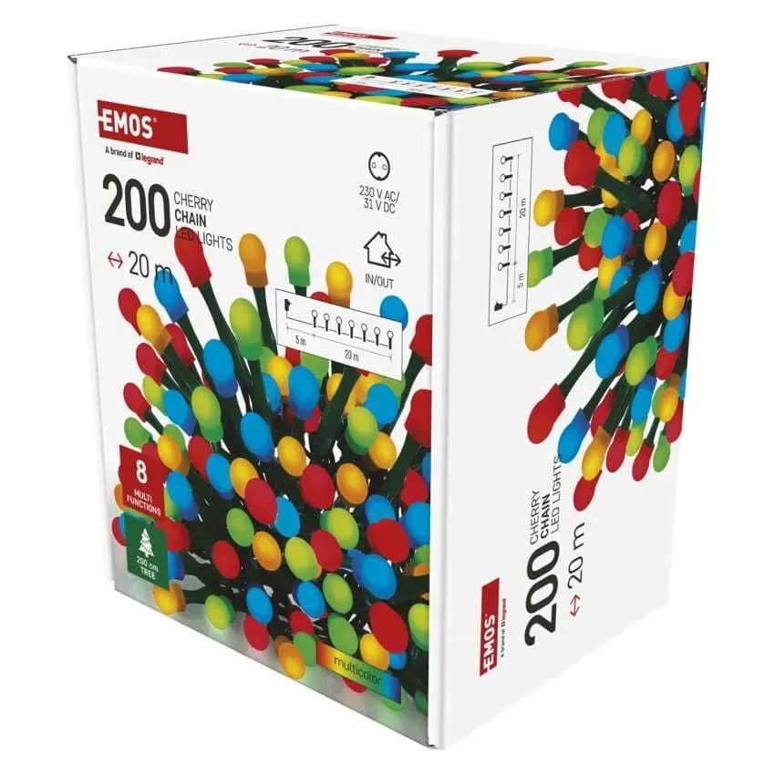 Lampki Choinkowe Kulki EMOS Cherry 200 LED – 20m, Multikolor (Multifunkcja)