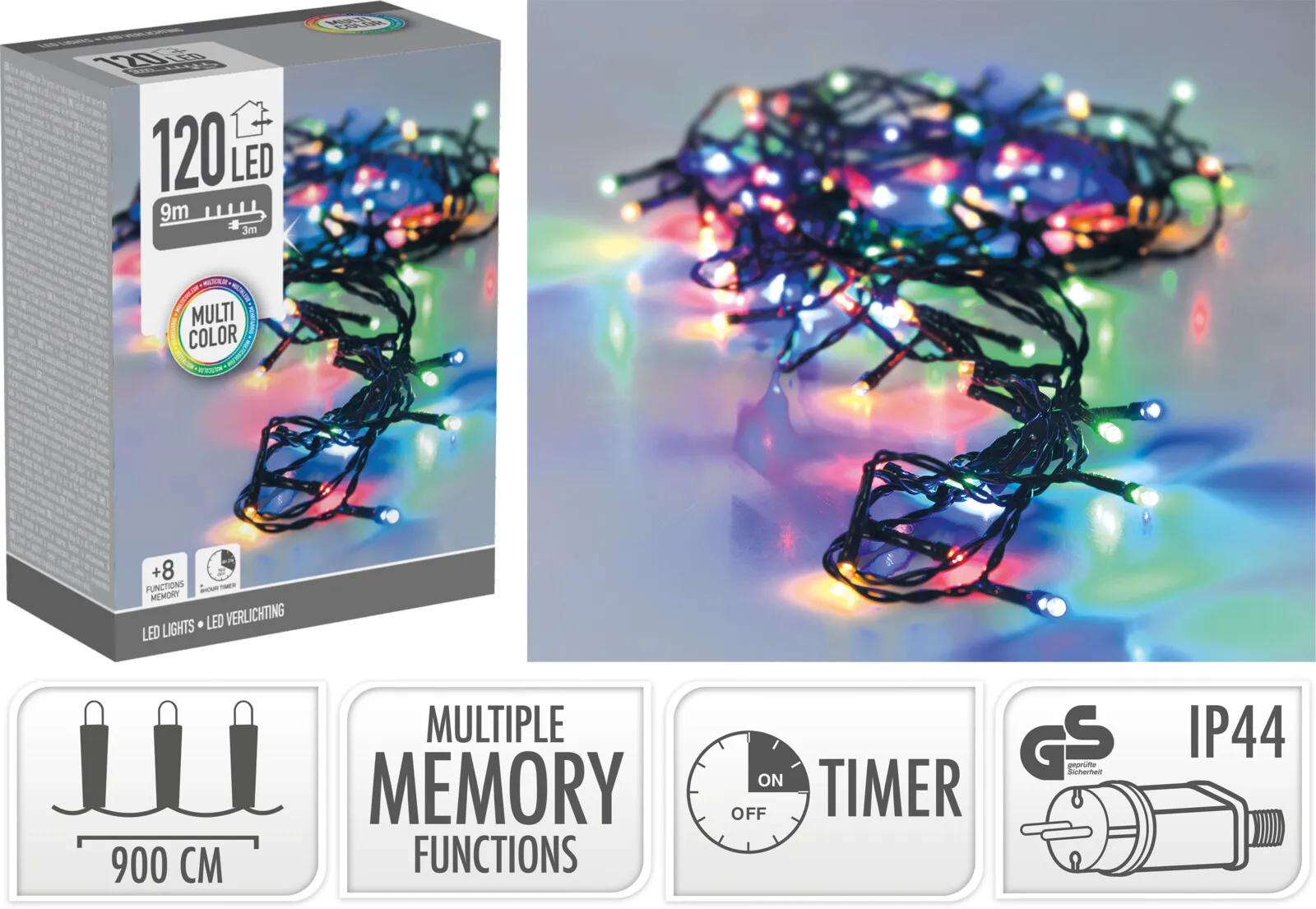 KOLOROWE LAMPKI CHOINKOWE 120 LED MULTIKOLOR – 9 METRÓW (TIMER + 8 FUNKCJI)