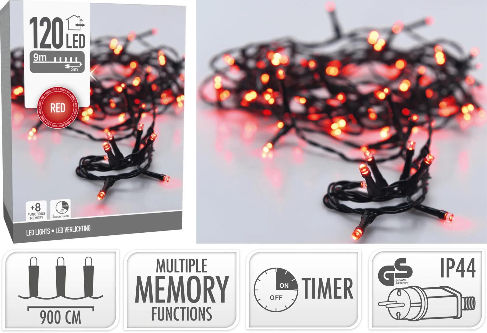 Czerwone Lampki Choinkowe 120 LED – Świąteczny Łańcuch 11.9m z Timerem i Programatorem, IP44 Zewnętrzne i Domowe