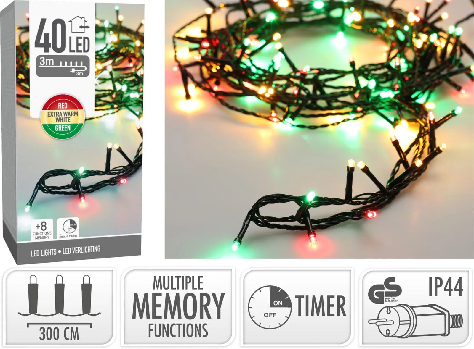 LAMPKI CHOINKOWE 40 LED ŚWIĄTECZNE 3 KOLORY TIMER IP44 3m