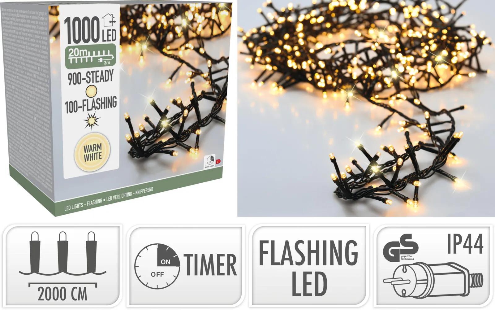 ŚWIATEŁKA CHOINKOWE 1000 LED – CIEPŁA BIEL Z FLASHEM I TIMEREM