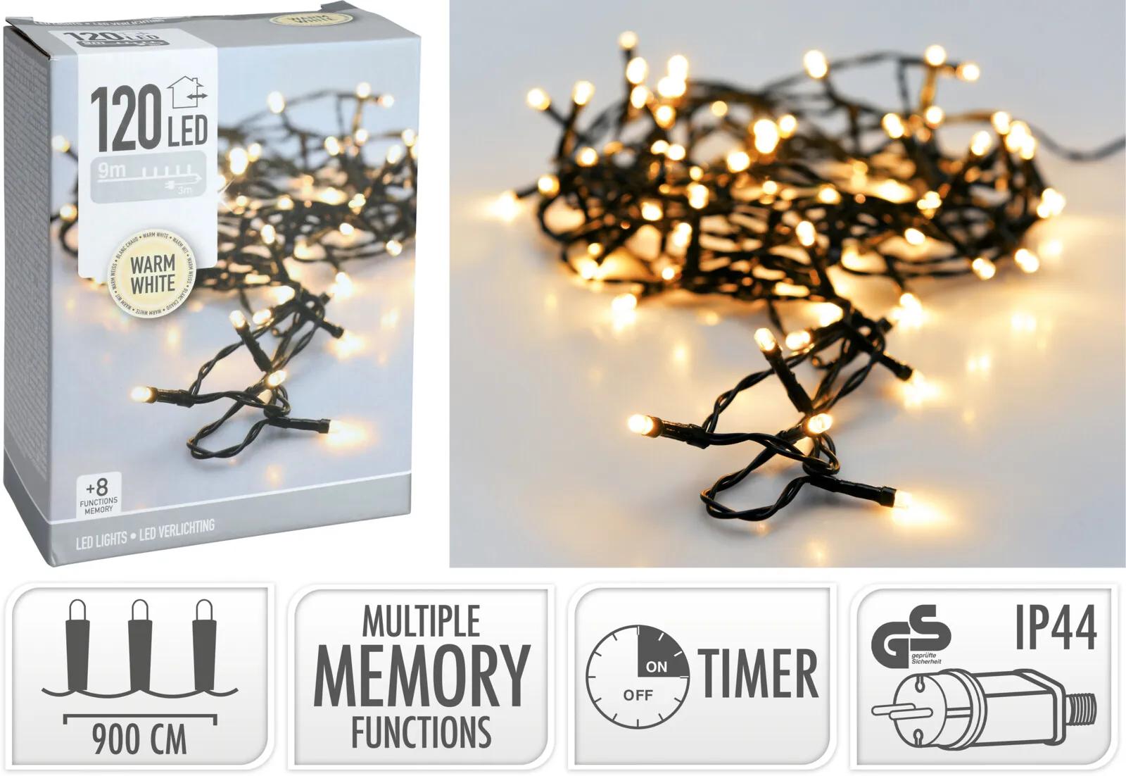 LAMPKI CHOINKOWE 120 LED CIEPŁA BIEL – 9 METRÓW (TIMER + 8 FUNKCJI)