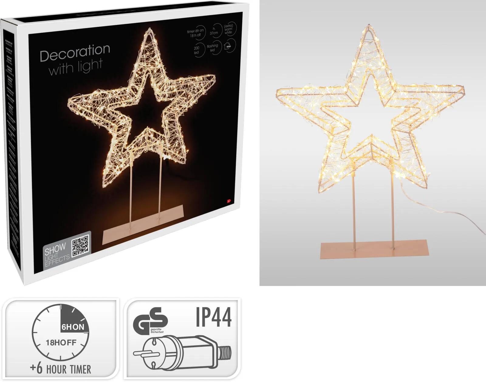 GWIAZDA NA STOJAKU LED 37 cm – MATOWA DEKORACJA METALOWA Z TIMEREM