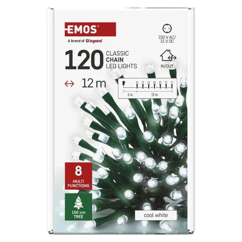 Lampki Choinkowe Świąteczne EMOS Classic 120 LED – 12m, Zimna Biel (Multifunkcja z Timerem)