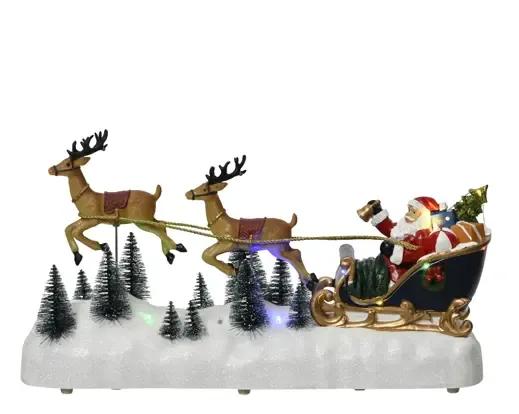 Miasteczko Świąteczne Sanie Świętego Mikołaja z Reniferami 40cm LED z Muzyką i Ruchem