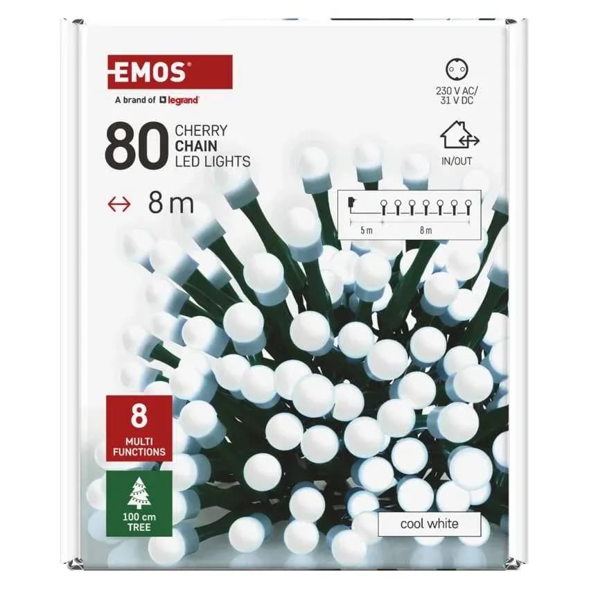 Lampki Choinkowe Kulki EMOS Cherry 80 LED – 8m, Zimna Biel (Multifunkcja)