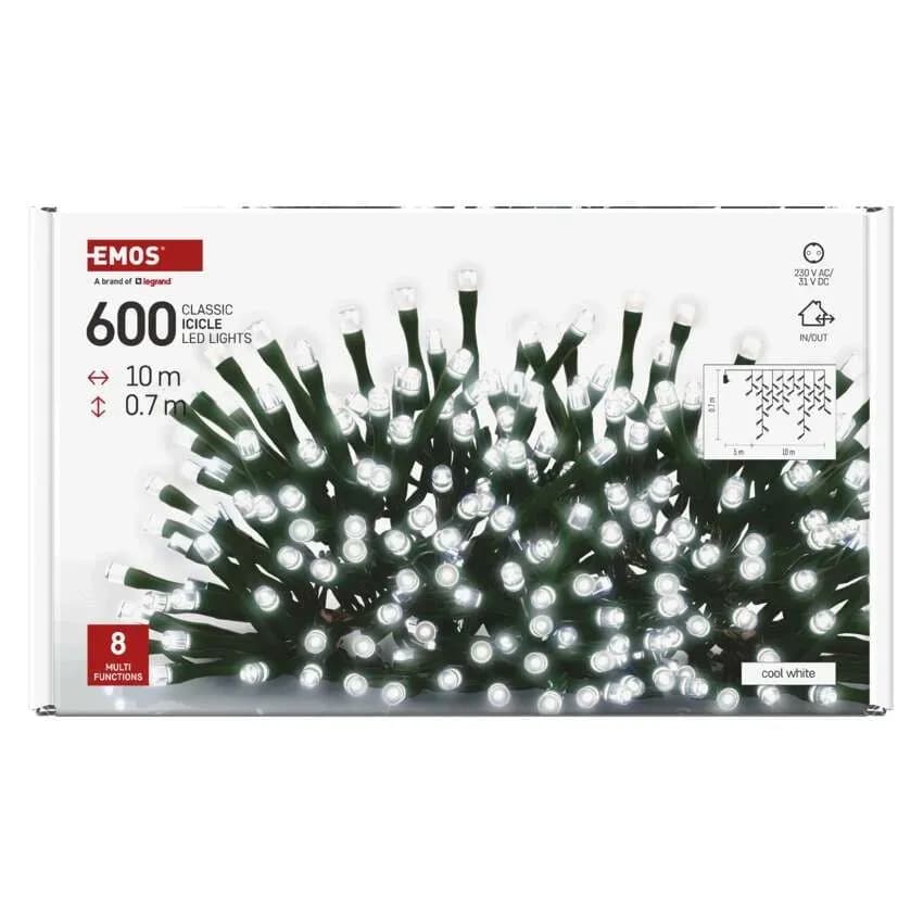 EMOS Oświetlenie Świąteczne Sople Kurtyna 600 LED 10m (Zimna Biel) – 8 Funkcji