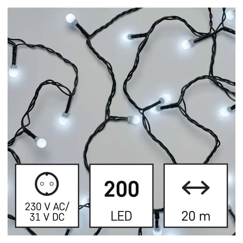 Lampki Choinkowe Kulki EMOS Cherry 200 LED – 20m, Zimna Biel (Multifunkcja)
