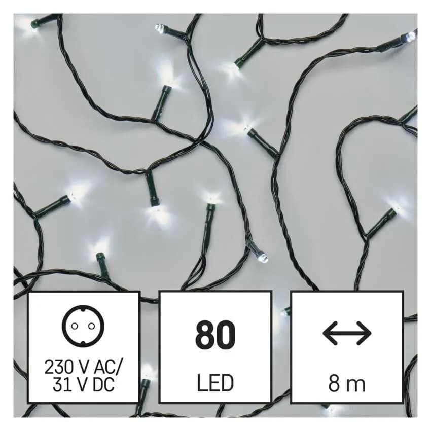 Lampki Choinkowe Świąteczne EMOS Classic 80 LED – 8m, Zimna Biel (Multifunkcja z Timerem)
