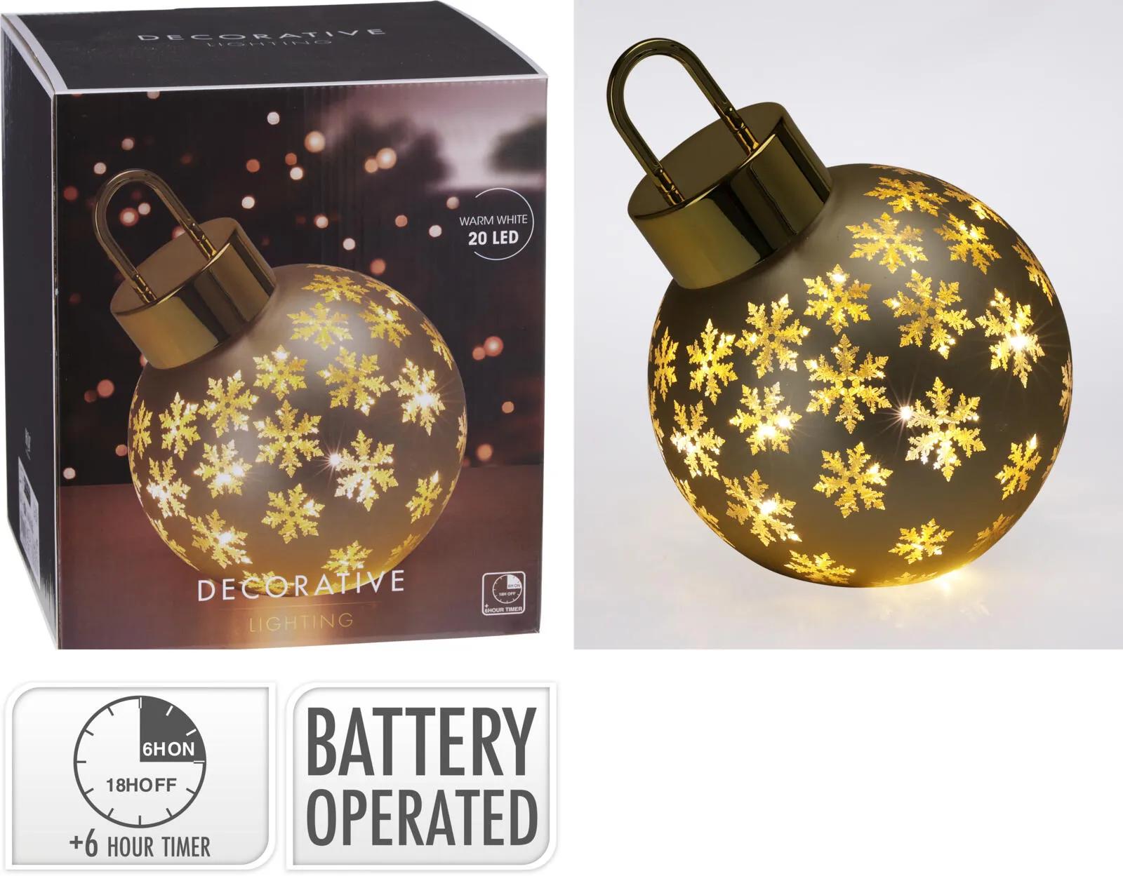 Szklana Kula LED 20cm z Timerem – Stojąca Bombka z Motywem Śnieżynek, Szlachetne Złoto Glamour