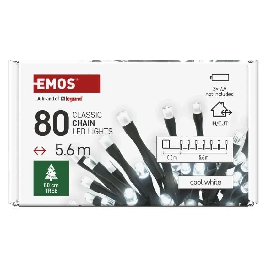 EMOS Łańcuch Choinkowy Bateryjny CLASSIC 80 LED 5,6m (Zimna Biel) – IP44 z Timerem
