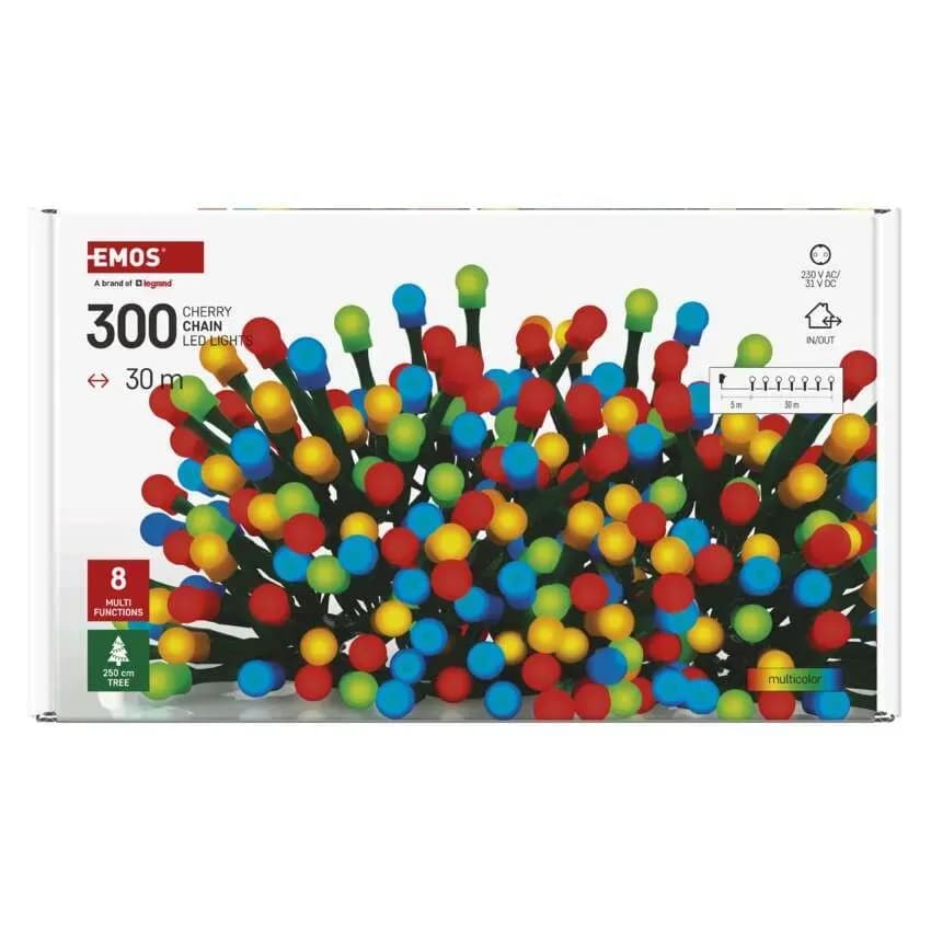 Lampki Choinkowe Kulki EMOS Cherry 300 LED – 30m, Multikolor (Multifunkcja)