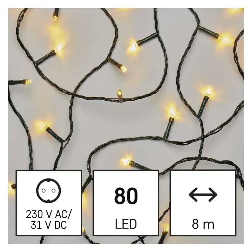 Lampki Choinkowe Świąteczne EMOS Classic 80 LED – 8m, Ciepła Biel (Multifunkcja z Timerem)