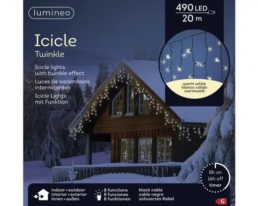Profesjonalna Kurtyna Świetlna Sople 490 LED 20m 8 funkcji – Ciepła Biel (Twinkle) / Czarny Przewód